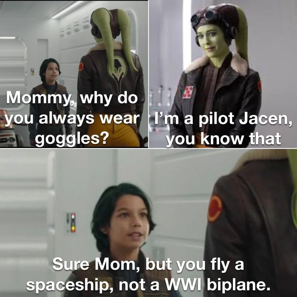 This meme is a humorous exchange between a child and a Star Wars character, specifically Poe Dameron's mother, who is a rebel pilot. The child asks why Poe's mother always wears goggles, and she responds with a clever and unexpected twist, saying "I'm a rebel pilot, not a Jedi, but I am a pilot."